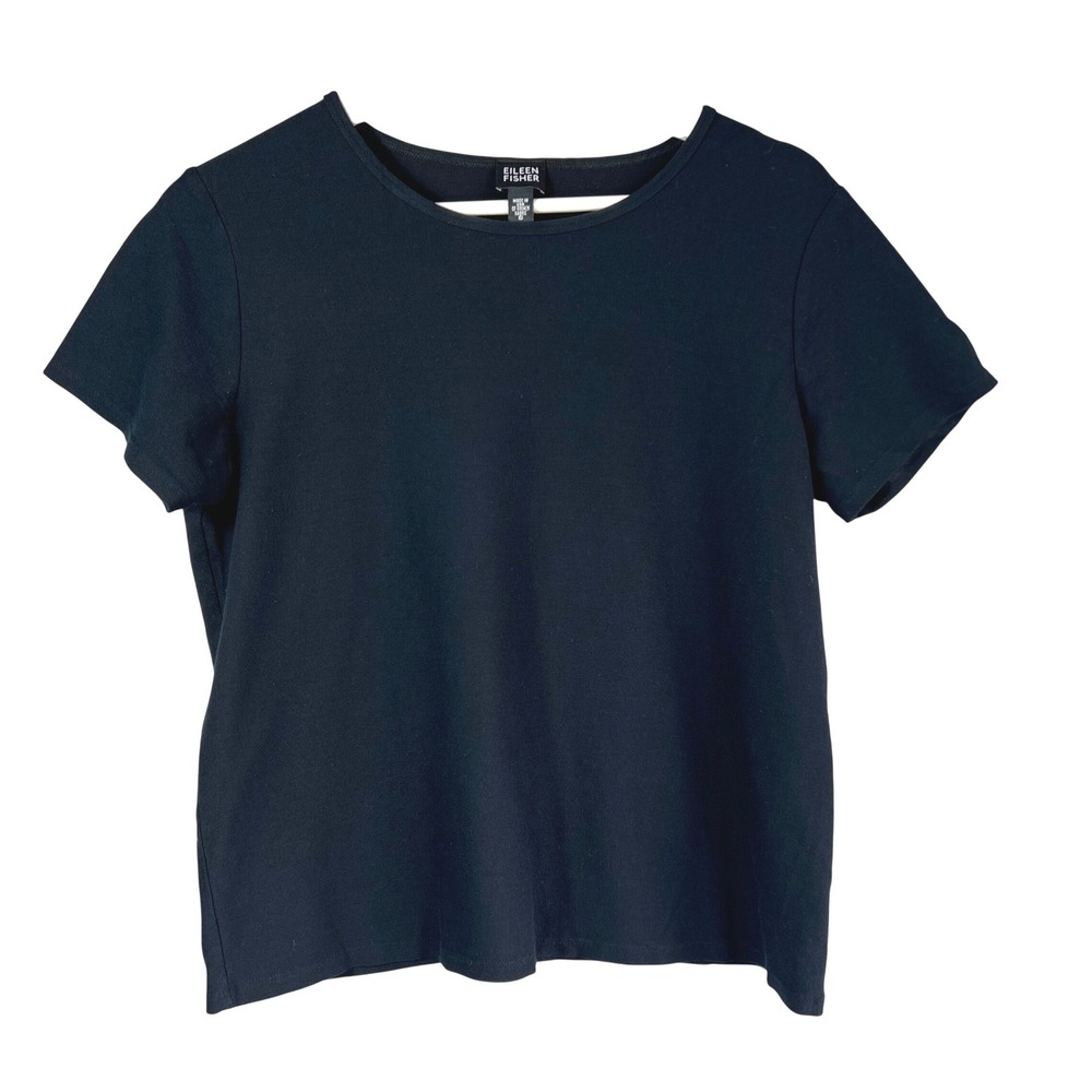 Eileen Fisher Navy Black Short Sleeve French Fabric Stretch Tee Shirt Small